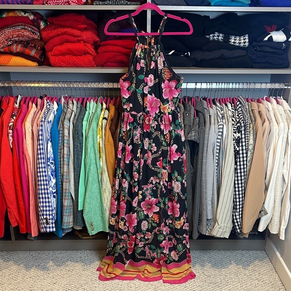 Nicole Miller black/pink floral sleeveless elastic waistband maxi dress size 4